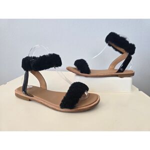 UGG Fuzzalicious Black Shearling Flat Sandals 6.5 | Lamb Fluffy Summer Slides